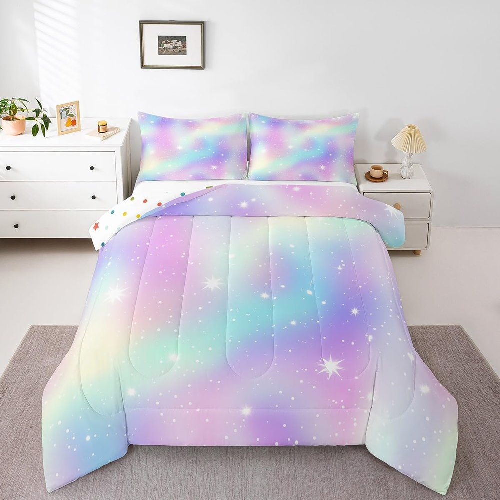 Erosebridal Rainbow Bedding Set for Girls Room, Tie Dye Down Comforter Twin Iridescent Trippy Comforter Set for Kids Teens Women Adult, Ombre Pastel Duvet Sets with 1 Pillow Case(Pink Purple Blue)