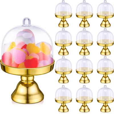 24 Pieces Plastic Mini Cake Stand with Dome Cover Chocolate Candy Cupcake Containers Dessert Display Plate with Dome Cover for Birthday Wedding Holiday Party Supplies (Gold, Transparent)