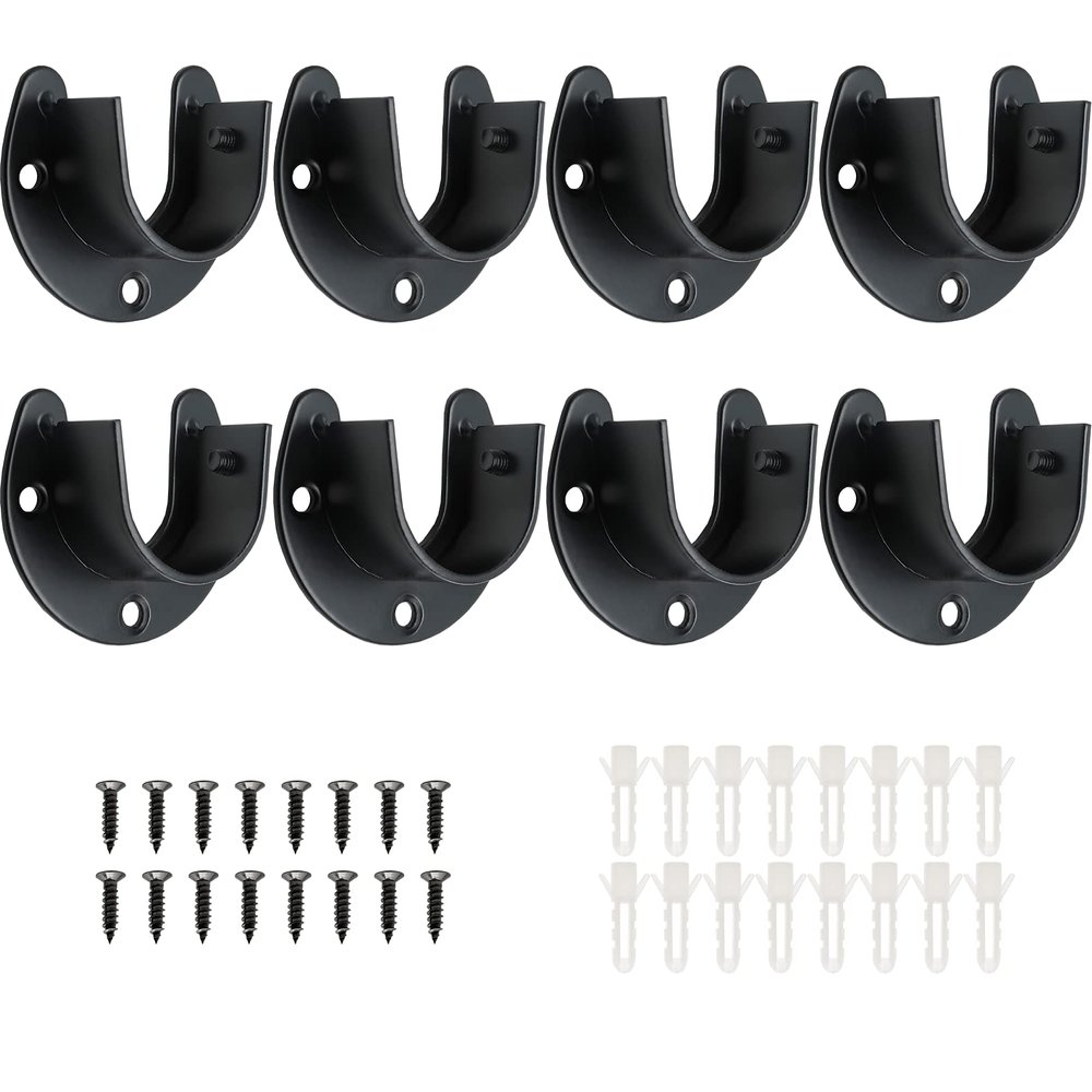 Suiwotin 8 Packs Stainless Steel Closet Rod End Supports 1-1/3 Inch Wardrobe Bracket Heavy Duty Closet Pole Sockets Flange Rod Holder, U-Shaped with Screws, Black