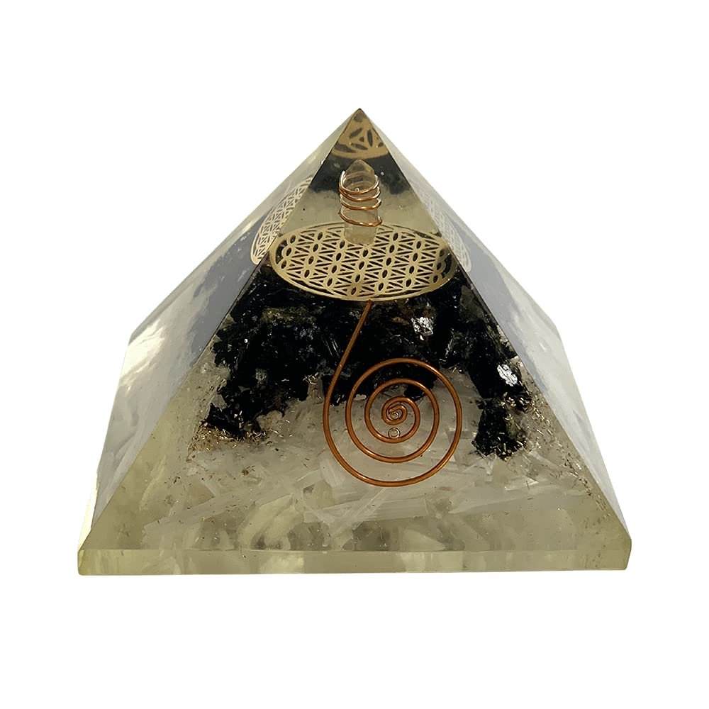 VIE Orgone Reiki Healing Pyramid (Black Tourmaline & Selenite, 7.5 CM)