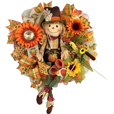 Artisan Fall Autumn Scarecrow Wreath Adorned with Sunflowers, Fall Foliage, and Bow. Fall Scarecrow Decorations for Front Door Outside