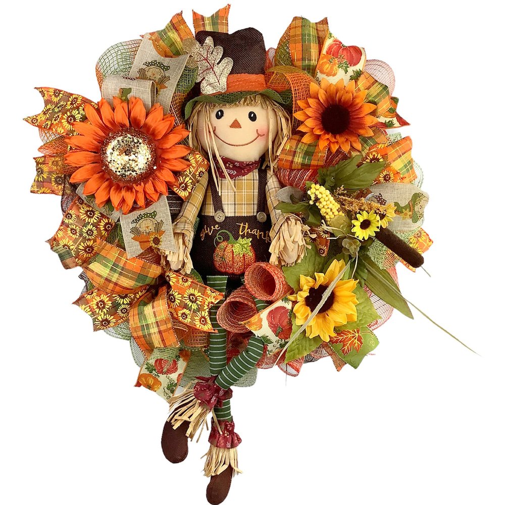 Artisan Fall Autumn Scarecrow Wreath Adorned with Sunflowers, Fall Foliage, and Bow. Fall Scarecrow Decorations for Front Door Outside