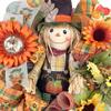 Artisan Fall Autumn Scarecrow Wreath Adorned with Sunflowers, Fall Foliage, and Bow. Fall Scarecrow Decorations for Front Door Outside view 2
