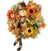 Artisan Fall Autumn Scarecrow Wreath Adorned with Sunflowers, Fall Foliage, and Bow. Fall Scarecrow Decorations for Front Door Outside view 3