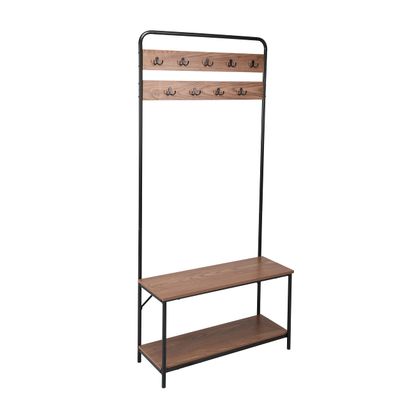 Davee Furniture Coat Hanger with Black Metal Frame,Wood Bench9 Hooks and Shoes Storage for Living Room
