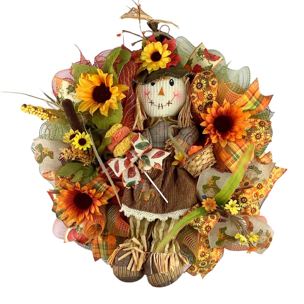 Artisan Fall Autumn Scarecrow Wreath Adorned with Sunflowers, Fall Foliage, and Bow. Fall Scarecrow Decorations for Front Door Outside