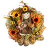 Artisan Fall Autumn Scarecrow Wreath Adorned with Sunflowers, Fall Foliage, and Bow. Fall Scarecrow Decorations for Front Door Outside view 1