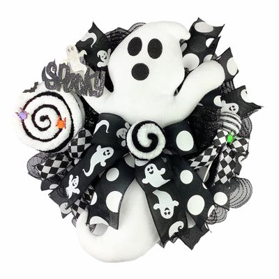 Artisan Halloween Ghost Wreath Adorned with Handmade Jumbo Lollipop, Cake Pop, Ball Ornament and Bow for Front Door Outside, Halloween Decorations