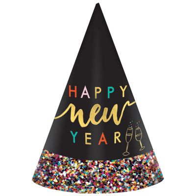 Multicolor "Happy New Year" Glitter Dipped Cone Hat - 9" (1 Pc.) - Sturdy Paper with Foil & Glitter - Perfect Party Accessory for NYE Celebrations