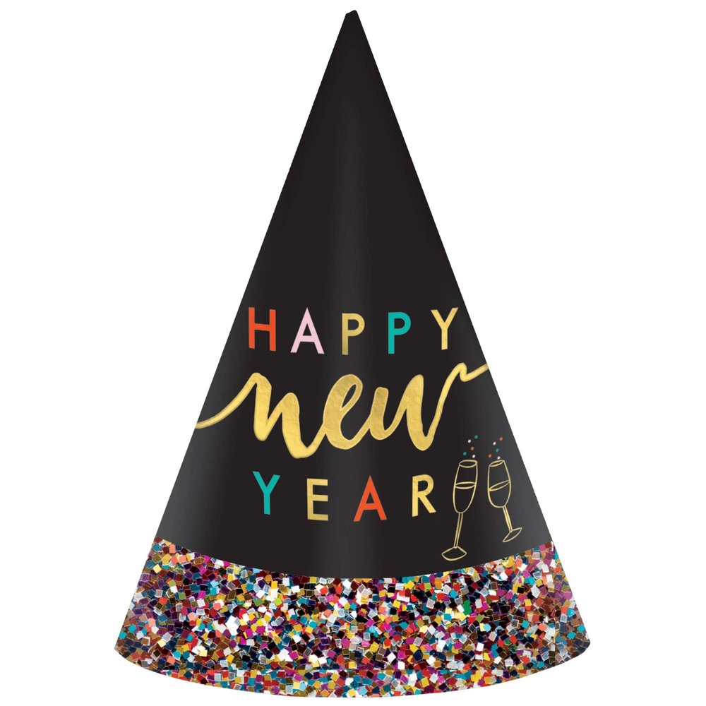 Multicolor "Happy New Year" Glitter Dipped Cone Hat - 9" (1 Pc.) - Sturdy Paper with Foil & Glitter - Perfect Party Accessory for NYE Celebrations