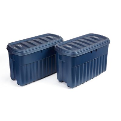 Rubbermaid Roughneck Tote 50 Gal, 2 Pack, Made in USA, Dark Indigo Metallic, Rugged Plastic Stackable Storage Bins with Lids and Handles