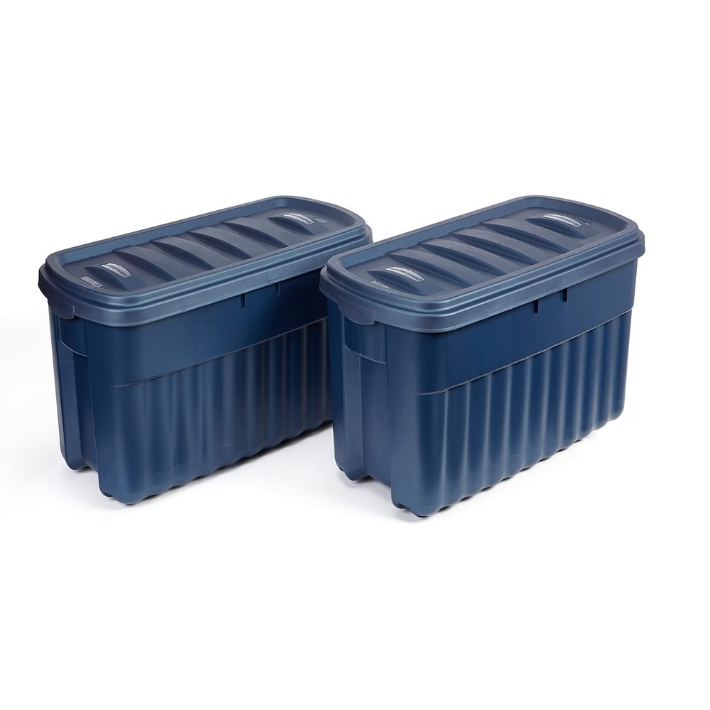 Rubbermaid Roughneck Tote 50 Gal, 2 Pack, Made in USA, Dark Indigo Metallic, Rugged Plastic Stackable Storage Bins with Lids and Handles