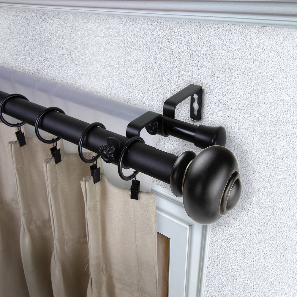 Carre 1" Double Curtain Rod 120-170 inch - Black