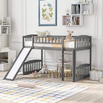 XIONGGG Twin Size Loft Bed for Kids, Solid Wood Loft Bed Frame with Convertible Slide and Ladder/Safety Guardrails, Space Saving Design, No Box Spring Required (Gray + Wood)