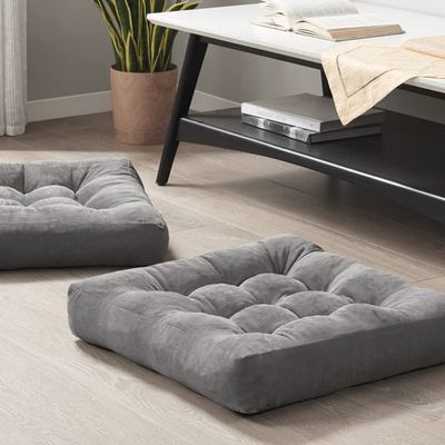 Meditation Floor Pillow Set of 2, Square Large Pillows Seating for Adults, Tufted Corduroy Cushion for Reading Nook, Classroom and Living Room, Grey, 22x22 Inch