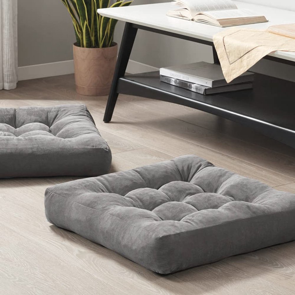 Meditation Floor Pillow Set of 2, Square Large Pillows Seating for Adults, Tufted Corduroy Cushion for Reading Nook, Classroom and Living Room, Grey, 22x22 Inch