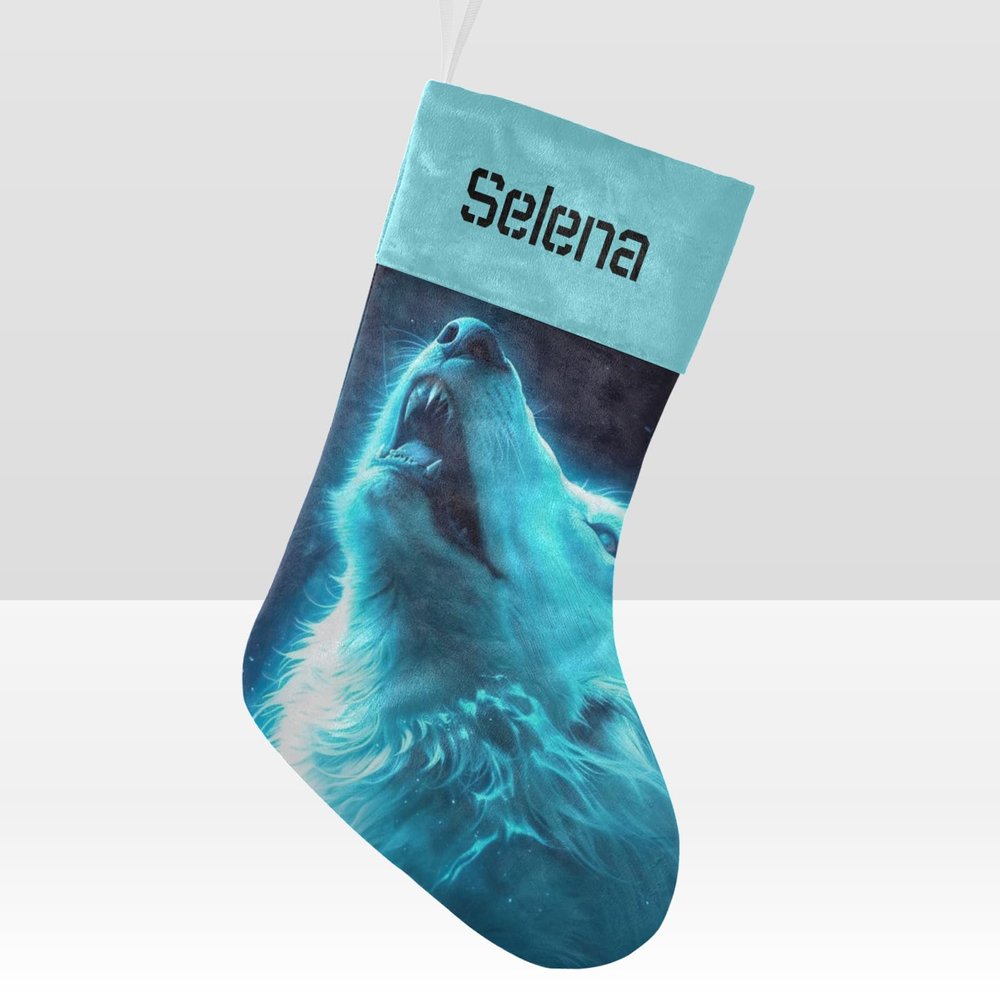 Personalized Galaxy Animal Cool White Wolf Christmas Stocking Customize Name Xmas Socks for for Family Holiday Decorations Gift 17.52 x 7.87 Inch