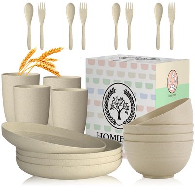 Homienly Wheat Straw Dinnerware Sets, 20pcs Lightweight Unbreakable Dinnerware, Microwave Dishwasher Safe Bowls Cups Forks Spoons set,Perfect for Camping Outdoor, Beige