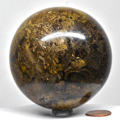 78mm Stromatolite Sphere Black Bronze Color Natural Mineral Ball Sparkling Algae Fossil Crystal Polished Stone - Peru + Stand