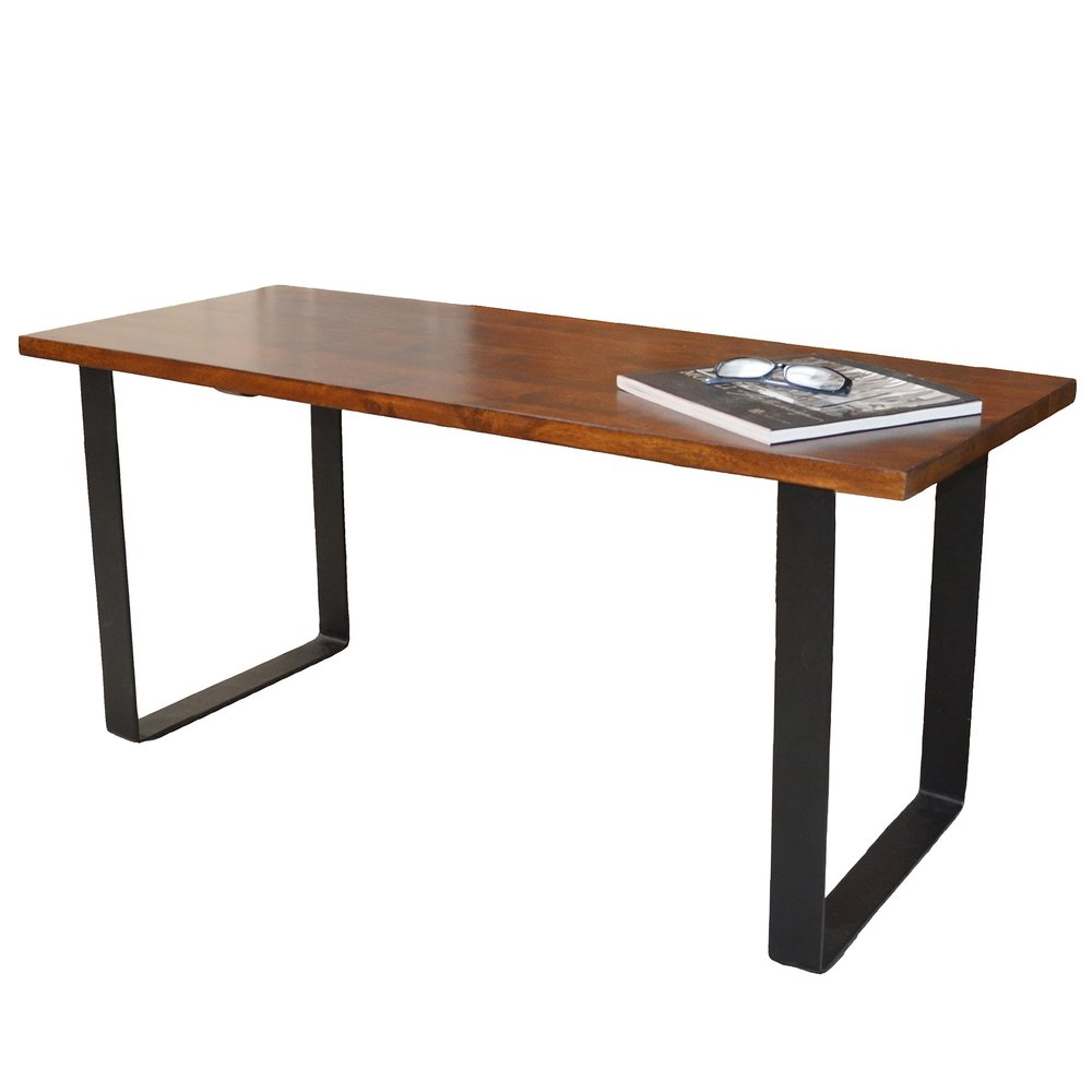 Carolina Chair & Table Sutton Rectangular Bench - Elegant Four Step Chestnut Finish Wood Top with Hand Forged Powder Coated Metal Base, Modern Bench  Mid-Century Furniture for Dining, Entryway Decor