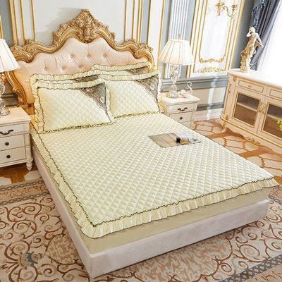 CFYCYHDZHT Bedding Best for Hotel Home Quilted Thick Lace Ruffled Mattress Topper, Adult Bedroom Solid Color Fitted Sheets for Single Double King Size Bed Beige 150200cm