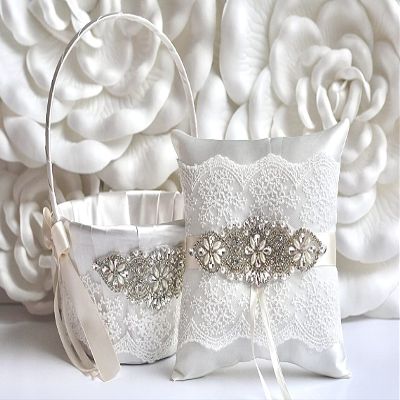 Ivory Flower Girl Basket & Ring Bearer Pillow Set, Ivory Wedding Basket, Ivory Ring Pillow, Flower Girl Gift, Proposal, Wedding Ring Pillow (2 Pillows)
