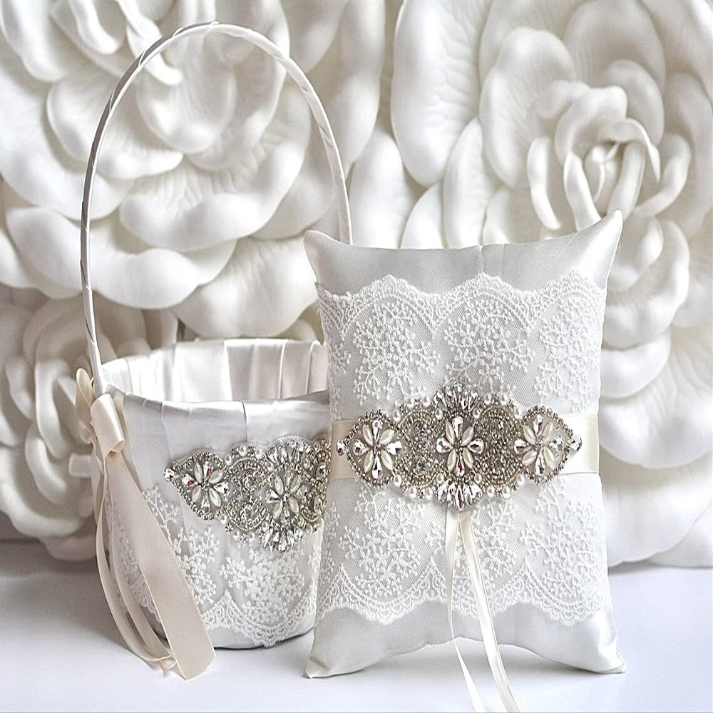 Ivory Flower Girl Basket & Ring Bearer Pillow Set, Ivory Wedding Basket, Ivory Ring Pillow, Flower Girl Gift, Proposal, Wedding Ring Pillow (2 Pillows)