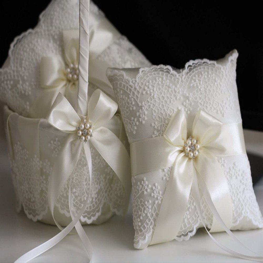 Flower Girl Basket and Ring Bearer Pillow Set, Flower Girl Baskets, Ivory Wedding Basket, Ivory Ring Pillow, Ringkissen, Lace Wedding Pillow (Off-White, Personalized Pillow)