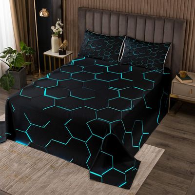 3 Piece Modern Hexagon Quilt Bedding Set Women Aldult Lightweight Bedding Honeycomb Bedspread Set Teal Neon Lights Bedspread Coverlet Soft Microfiber Home Quilt Set for King Bed All Season