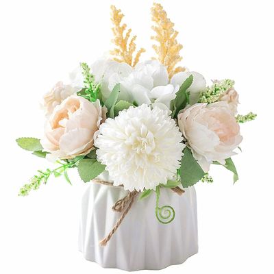 KIRIFLY Fake Artificial Flowers in Vase Faux Peony Silk Hydrangea Flower Centerpieces Dcor for Wedding Table Decoration(White in Ceramic)