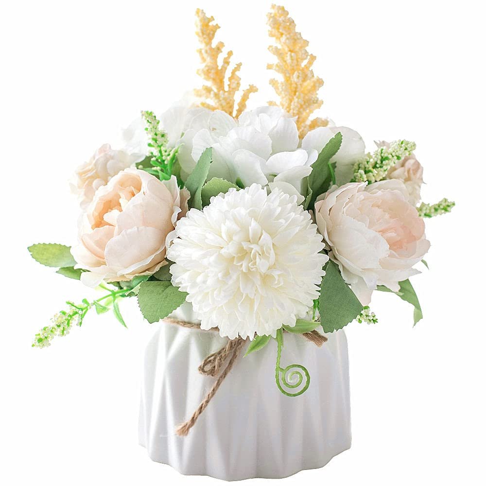 KIRIFLY Fake Artificial Flowers in Vase Faux Peony Silk Hydrangea Flower Centerpieces Dcor for Wedding Table Decoration(White in Ceramic)