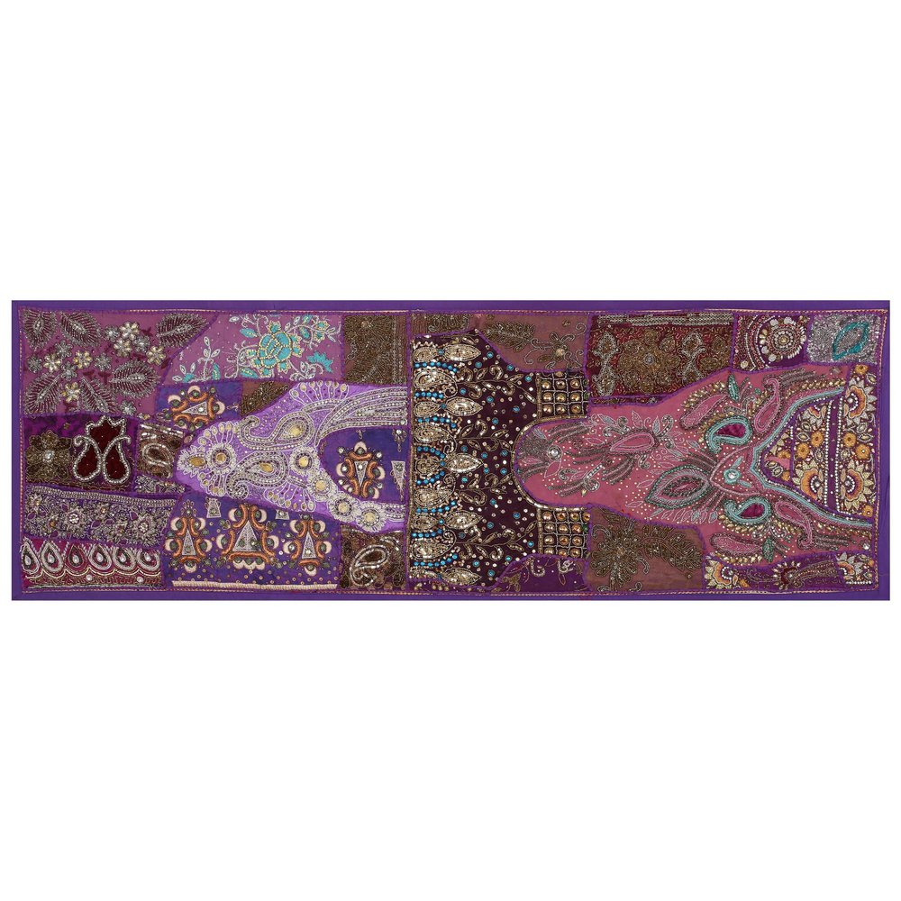 Ethnic Cotton Decorative Indian Dinning Art Table Patchwork Beads Embroidered Room Handmade Decor Cloth Table Runner (Purple, 20" x 40")