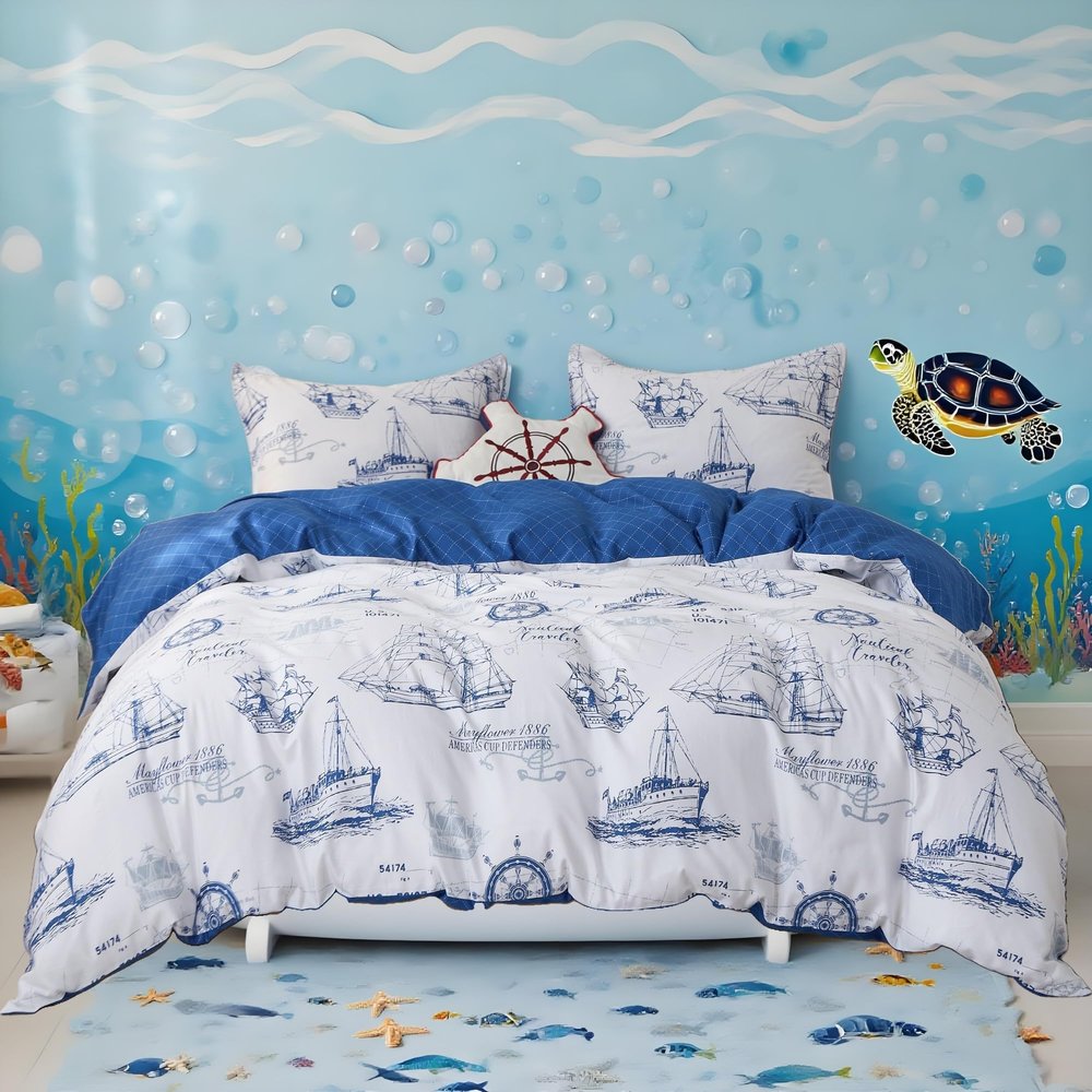 Simple&Opulence 100% Organic Cotton Duvet Cover for Kids Teens, 4 Pieces Soft Cartoon Comforter Cover with Zipper Closure, Boys Bedding Set with Sailboat Pattern,Full/Queen