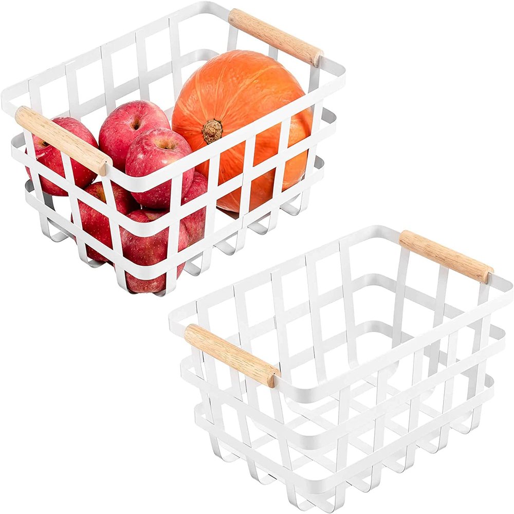 Alonsoo Farmhouse Baskets Wire Storage Metal Baskets Storage Bin Basket Organizer Farmhouse fruit Bin with Wood Handles for Pantry Cabinets Rustic Kitchen Counter Closet,2 Pack - White