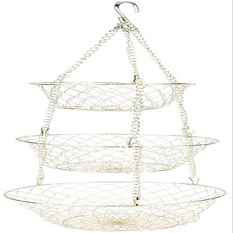 3-Tier Hanging Fruit Produce Basket Heavy Duty Wire,Wire Hanging Basket for Kitchen, Heavy Duty Fruit Storage Organizer Fruit Holder (Gold)