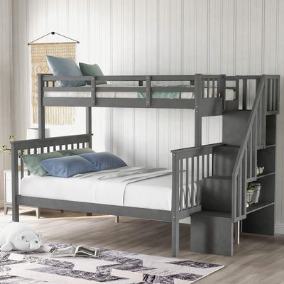 Soild Wood Bunk Bed with Stairways, Twin Over Full Bunk Bed with Storage Shelves, Wood Bunk Bed with Guard Rails for Kids/Teens/Adult, Can be Divided Into Two Individual Beds (Gray)