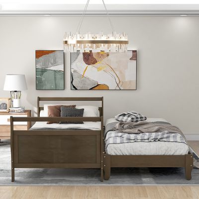 Classic Style Twin Size Platform Bed, Solid Pine Wood Platform Bed Frame with Headboard and Footboard/Wood Slat Support, Can Be Expanded into Two Single Beds (Natural+Pine+Twin)