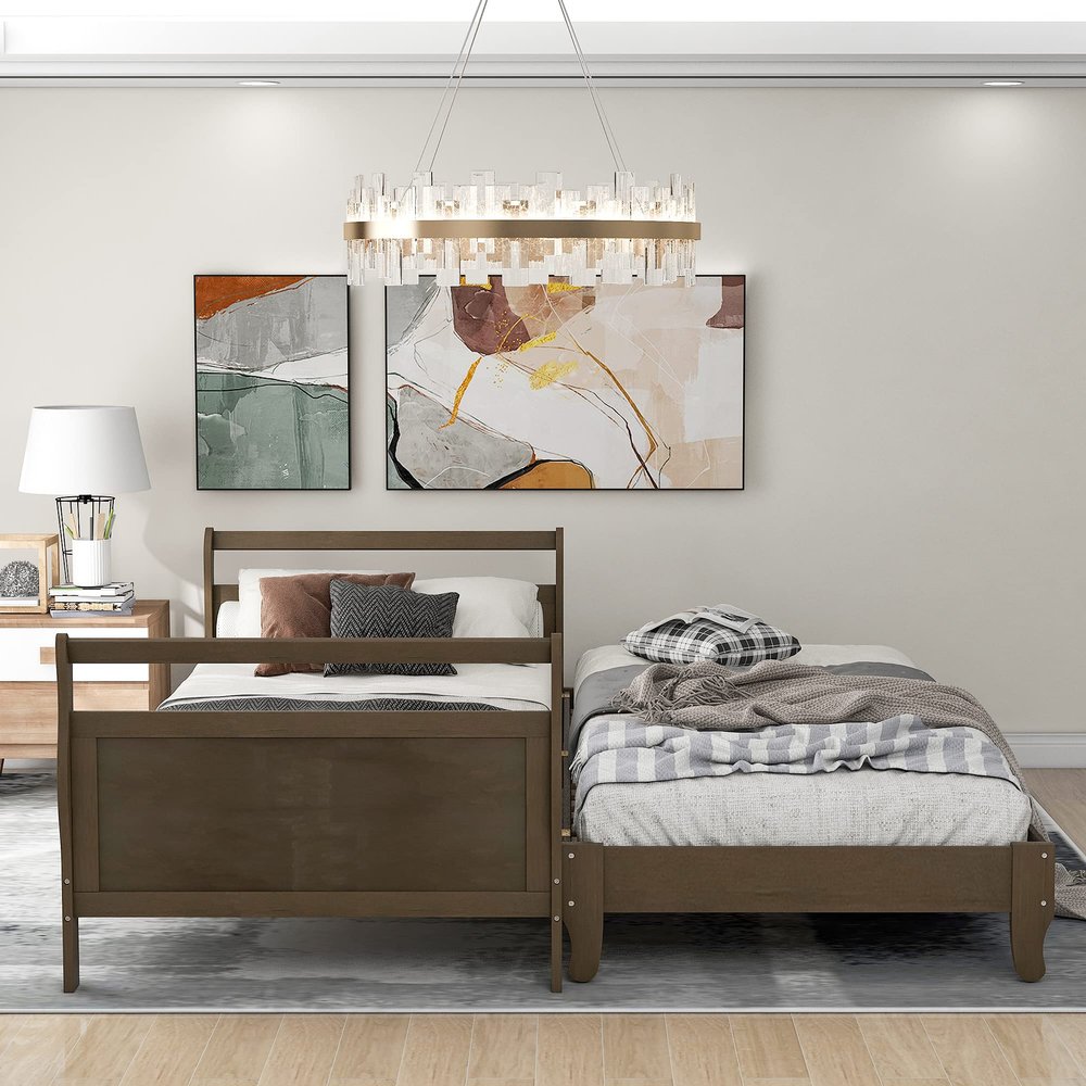 Classic Style Twin Size Platform Bed, Solid Pine Wood Platform Bed Frame with Headboard and Footboard/Wood Slat Support, Can Be Expanded into Two Single Beds (Natural+Pine+Twin)