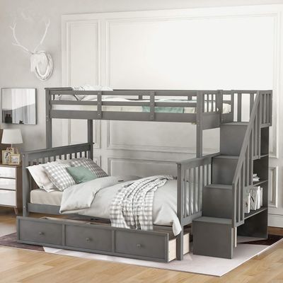 Stairway Bunk Bed with 3 Drawers, Solid Wood Twin Over Full Bunk Bed with Storage Shelf and Guard Rail for Kids/Adults, Can be Divided Into Two Individual Beds, No Box Spring Needed (Gray)