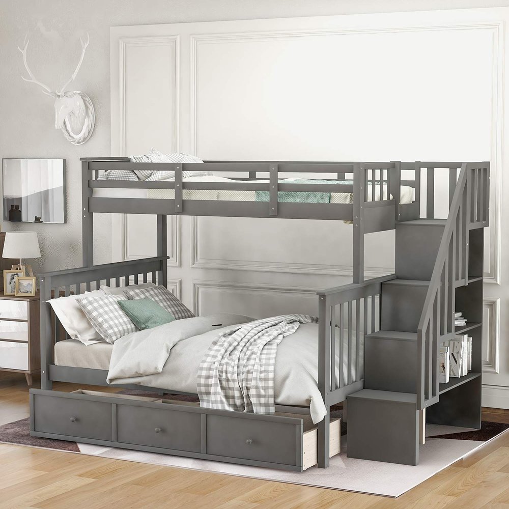 Stairway Bunk Bed with 3 Drawers, Solid Wood Twin Over Full Bunk Bed with Storage Shelf and Guard Rail for Kids/Adults, Can be Divided Into Two Individual Beds, No Box Spring Needed (Gray)