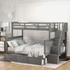 Stairway Bunk Bed with 3 Drawers, Solid Wood Twin Over Full Bunk Bed with Storage Shelf and Guard Rail for Kids/Adults, Can be Divided Into Two Individual Beds, No Box Spring Needed (Gray) view 1