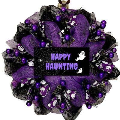 Happy Haunting Halloween Handmade Deco Mesh Wreath. Available in 24 inch and 28 inch diameters