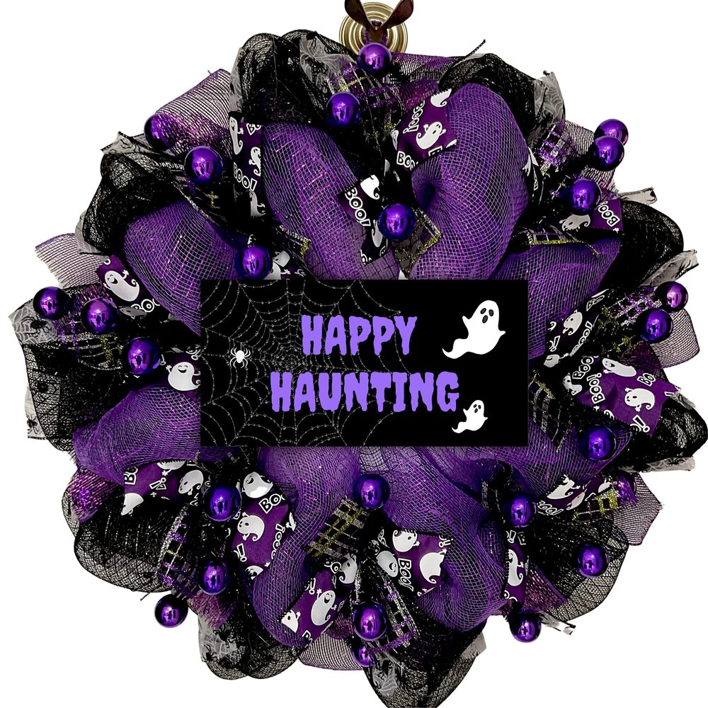 Happy Haunting Halloween Handmade Deco Mesh Wreath. Available in 24 inch and 28 inch diameters