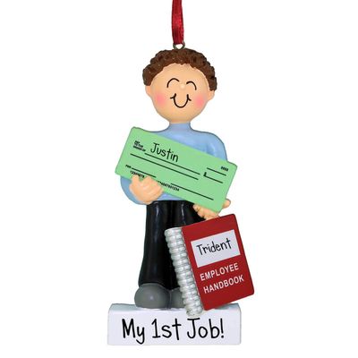 2025 New Job Holding Check - Male Brown Hair - Personalized Christmas Ornament - Employee Promotion - Perfect Handwriting - 1st Employment