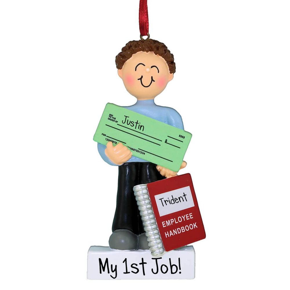 2025 New Job Holding Check - Male Brown Hair - Personalized Christmas Ornament - Employee Promotion - Perfect Handwriting - 1st Employment