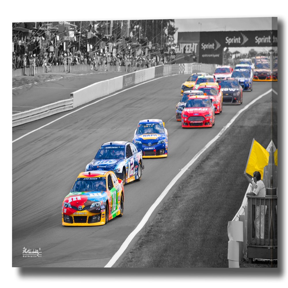 Photonability NASCAR Watkins Glen International Raceway Kyle Busch Keselowski Car Racing Sports Yellow Flag Strater Stand Wall Art Canvas Giclee (36 x 48 x 1.25 inches)