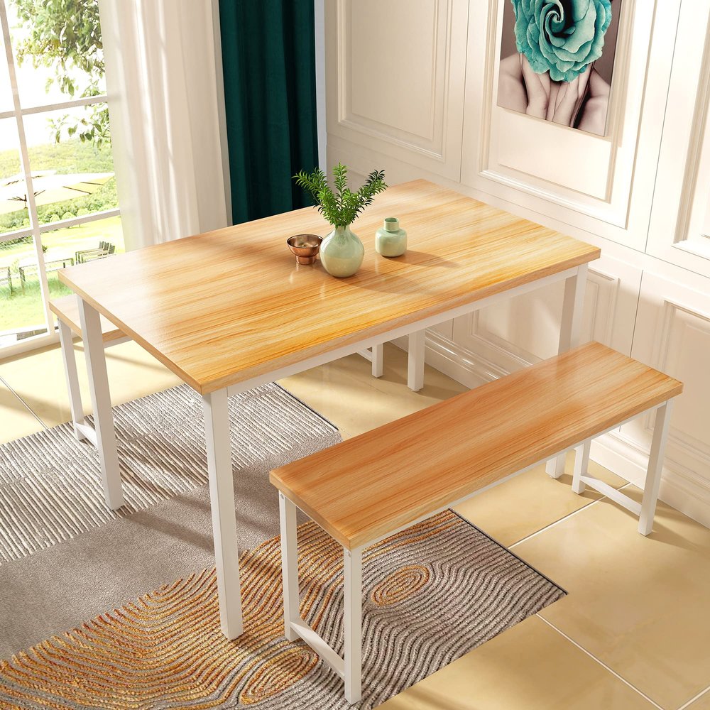 AWQM Dining Table Set with Two Benches, Kitchen Table Set for 4-6 Persons, Kitchen Table of 47.2 x 28.7 x 28.7 Inches, Bench of 41.3 x 11.8 x 17.7 Inches Each, Oak
