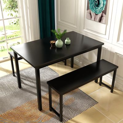 AWQM Dining Table Set with Two Benches, Kitchen Table Set for 4-6 Persons, Kitchen Table of 47.2 x 28.7 x 28.7 Inches, Bench of 41.3 x 11.8 x 17.7 Inches Each, Black