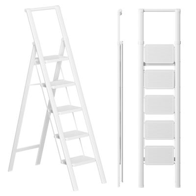 SOLADDER 5 Step Ladder, Folding Step Stool, White Foldable Iron Ladder for 10 Foot High Ceiling with Anti-Slip Wide Sturdy Pedal and Handgrip, Multi-Use for Home (300 lbs Capacity)