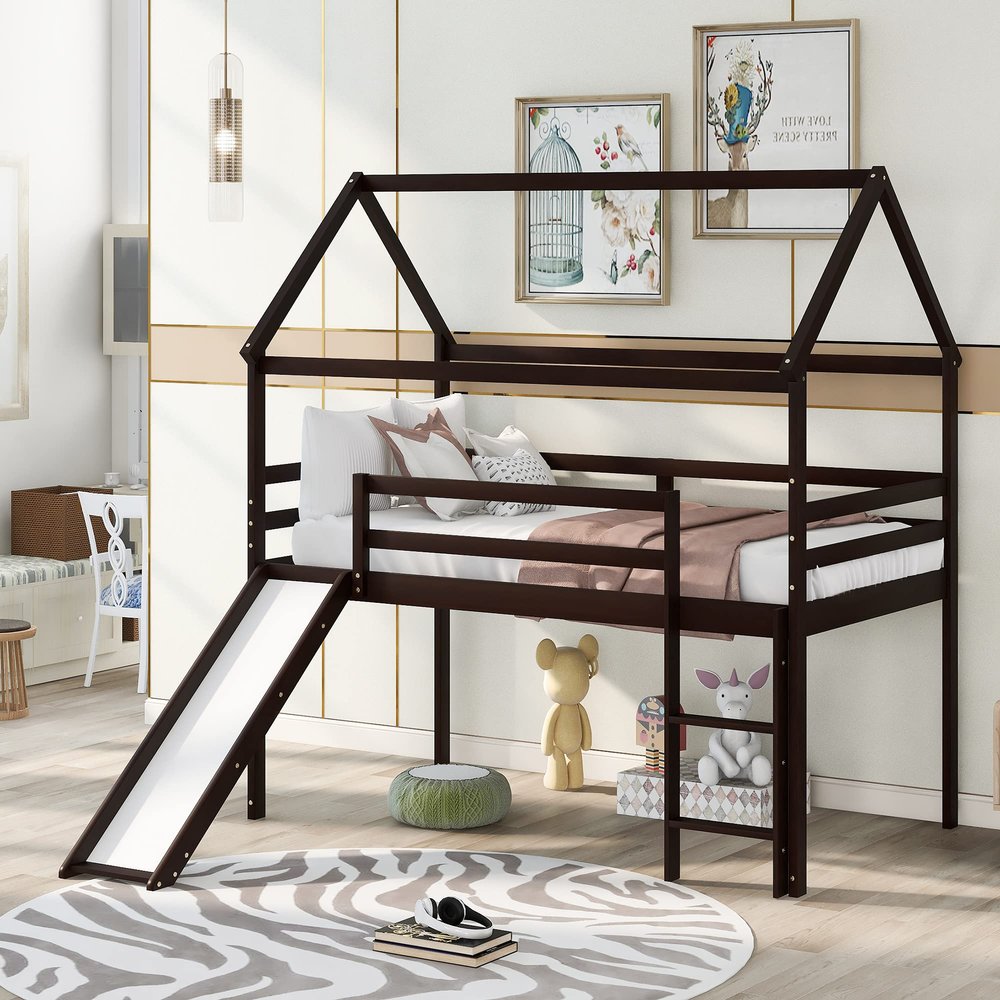 Twin Size Loft Bed with Slide, House Bed for Kids, Wood Space-Saving Bed Frame Tent Bed with Roof and Ladder, No Box Spring Needed (Espresso+Wood)